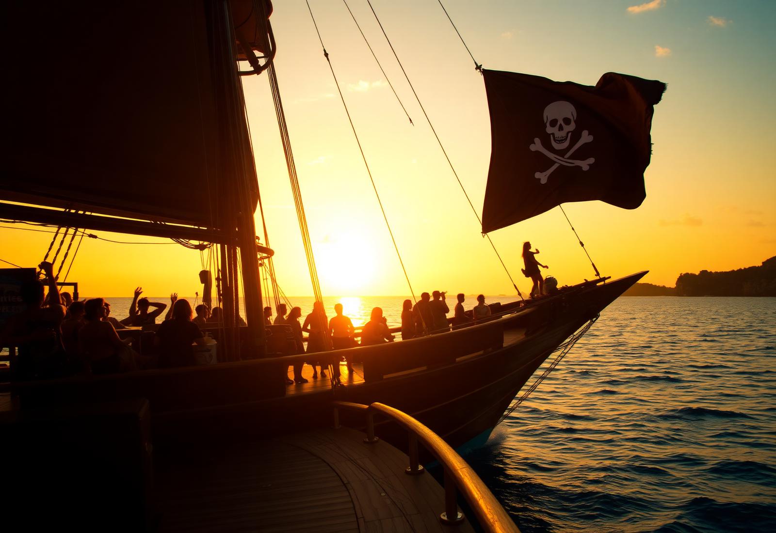Pirate party ship at sunset in Cebu packed with dancing guests